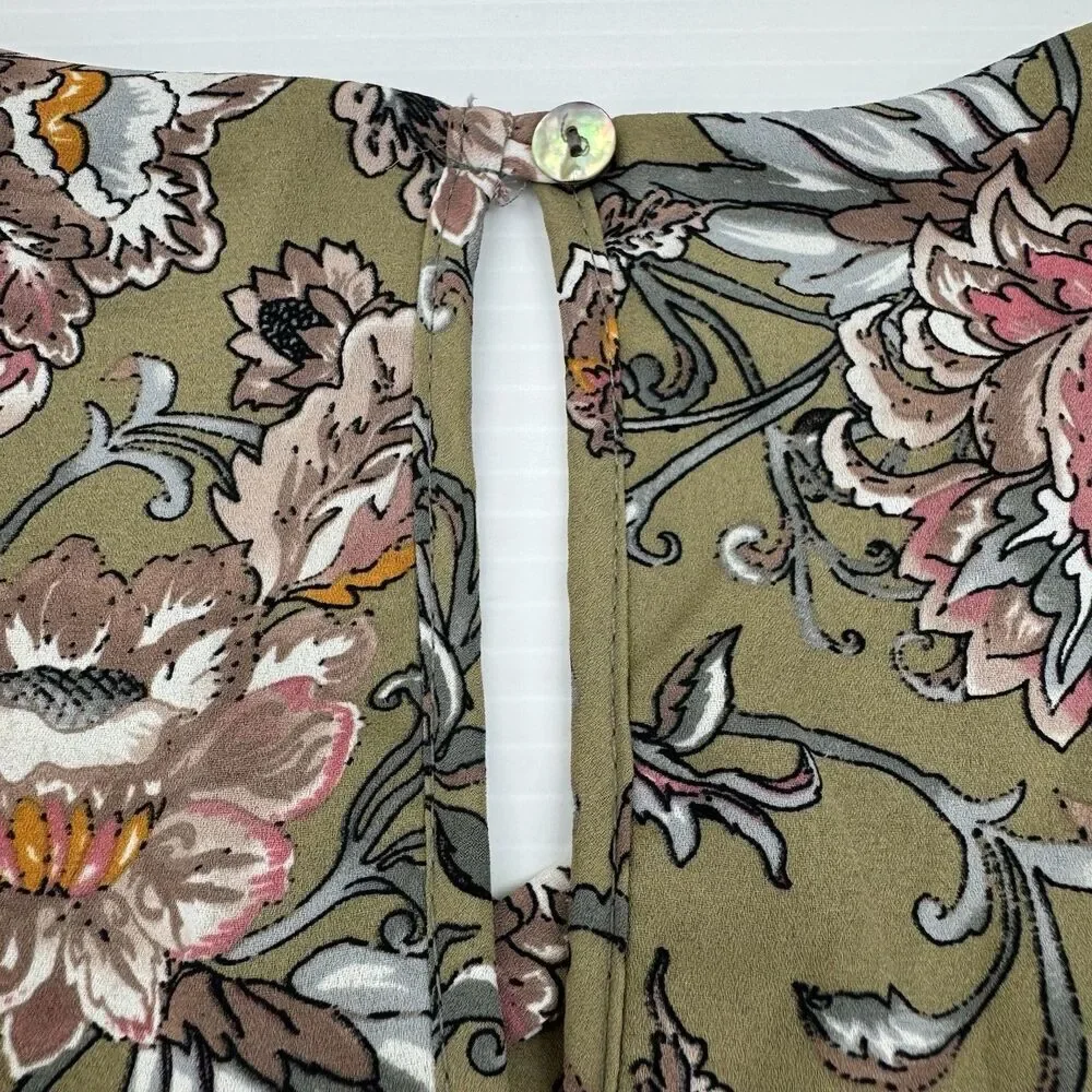 Peach Love Green Floral Boho Bell Sleeve Tunic Dress Small